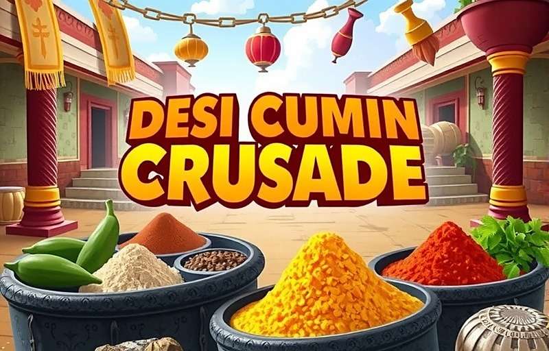 Desi Cumin Crusade Official Cover Desi Cumin Crusade game cover featuring Indian spices and traditional market scene