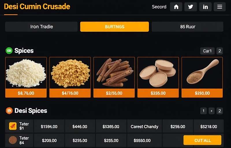 Desi Cumin Crusade Trading Screen Desi Cumin Crusade trading interface showing various spices with their current market prices